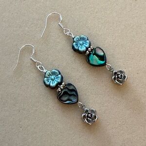 New Gorgeous Heart Abalone & Iridescent Czech Flower Dangle Earrings